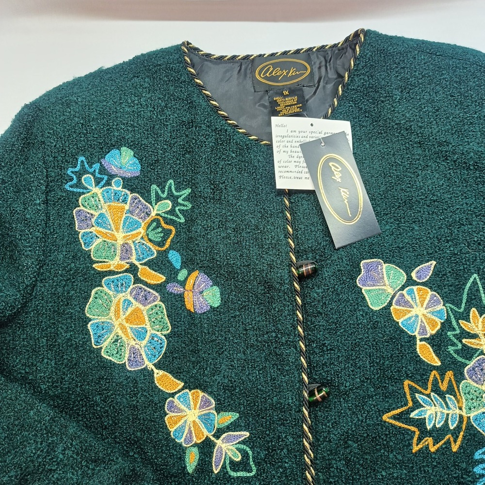 Alex Kin Women 1X Green Embroidered Paisley Floral Boucle Jacket NWT Vtg 90s‎